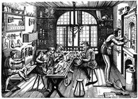 Kupferstich einer Goldschmiede-Werkstatt im 16. Jahrhundert